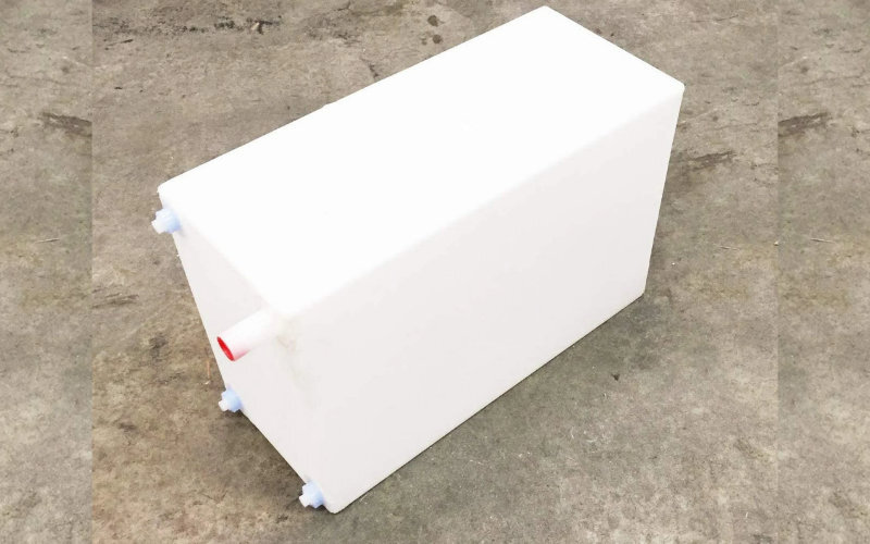 Durable white rectangular RV holding tank with multiple ports, designed for reliable black and grey water storage solutions