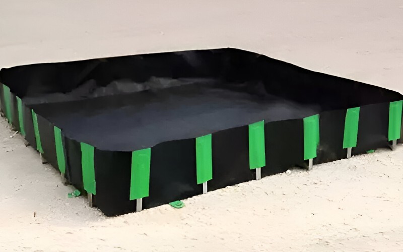 an empty spill berm with aluminum brackets