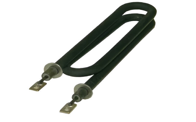 U-shaped industrial heating element with insulated wires and metal terminals, designed for efficient heating in various applications.