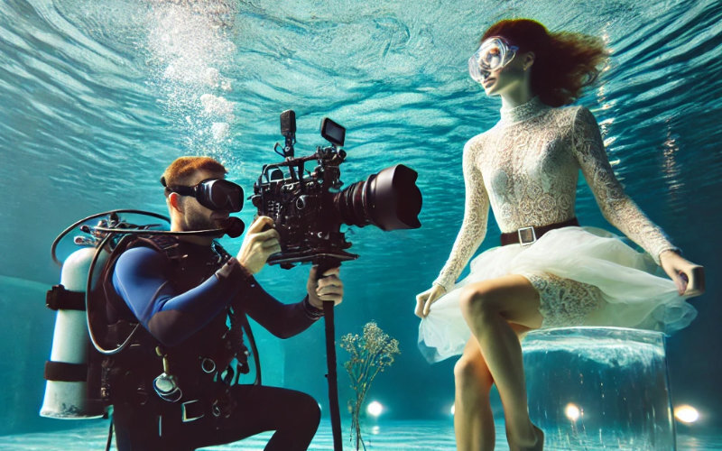 Underwater photographer capturing a picture of a woman swimming gracefully, showcasing the vibrant colors and clarity of the underwater scene.