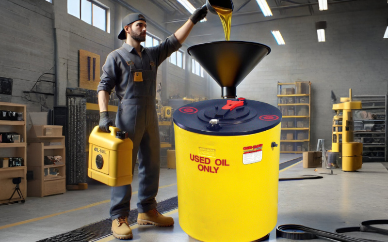 an illustration of a man pouring oil on a Oil-Tainer