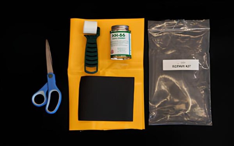 Plastic tank repair kit with sandpaper, adhesive, patch, and seam roller for fixing leaks in plastic tanks.