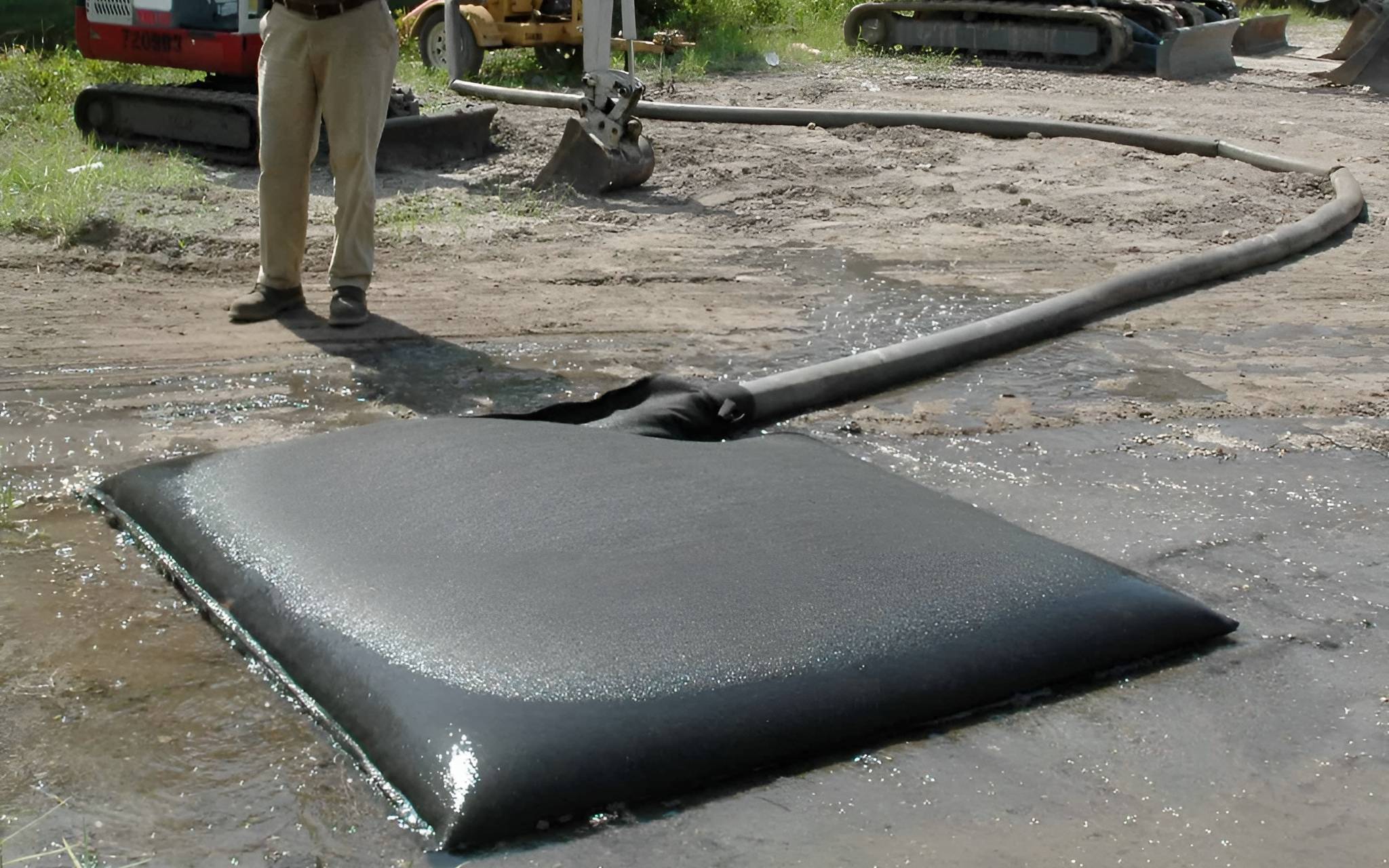 Workers using dewatering bag to filter sediment from water