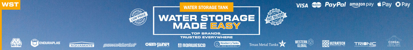 watr-storage-tank.com banner showcasing braqnds, trust symbols and a sunset background