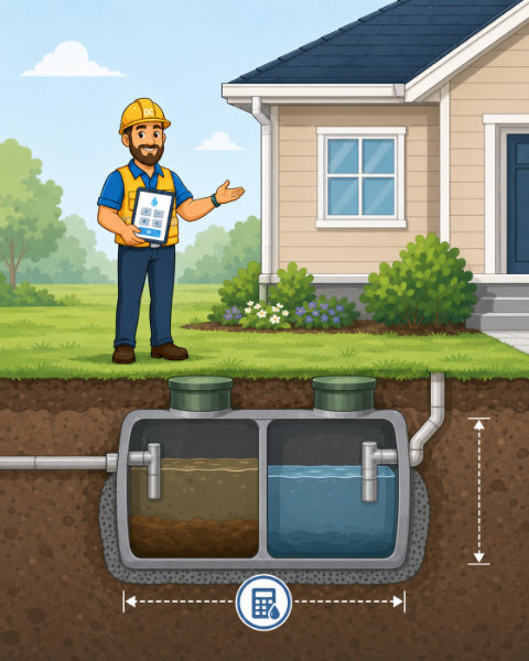 Illustration of a buried double chamber septic tank