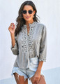 Happy and In Love Lace Panel Detail Button Up Top Grey