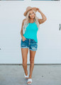 Effortless Ribbed Cotton Button Henley Tank Top Turquoise