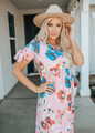 Over The Moon Floral Poly Spandex Midi Dress Pink