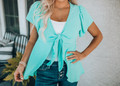High Low Ruffle Edge Tie Front Cardigan Mint CLEARANCE
