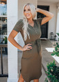 Button Detail Cinched Tie Waist Mid Length Dress Olive