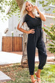 Solid Poly Woven Cinched Waist Cuffed Jumpsuit Black CLEARANCE