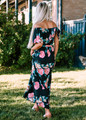 Off Shoulder Ruffle Floral Tie Maxi Dress Black CLEARANCE