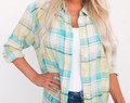 Bold Plaid Print Button Up Top Blue/Yellow