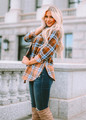 Camel, Blue & Black Plaid Flannel with Bleached Dipped Contrast Top