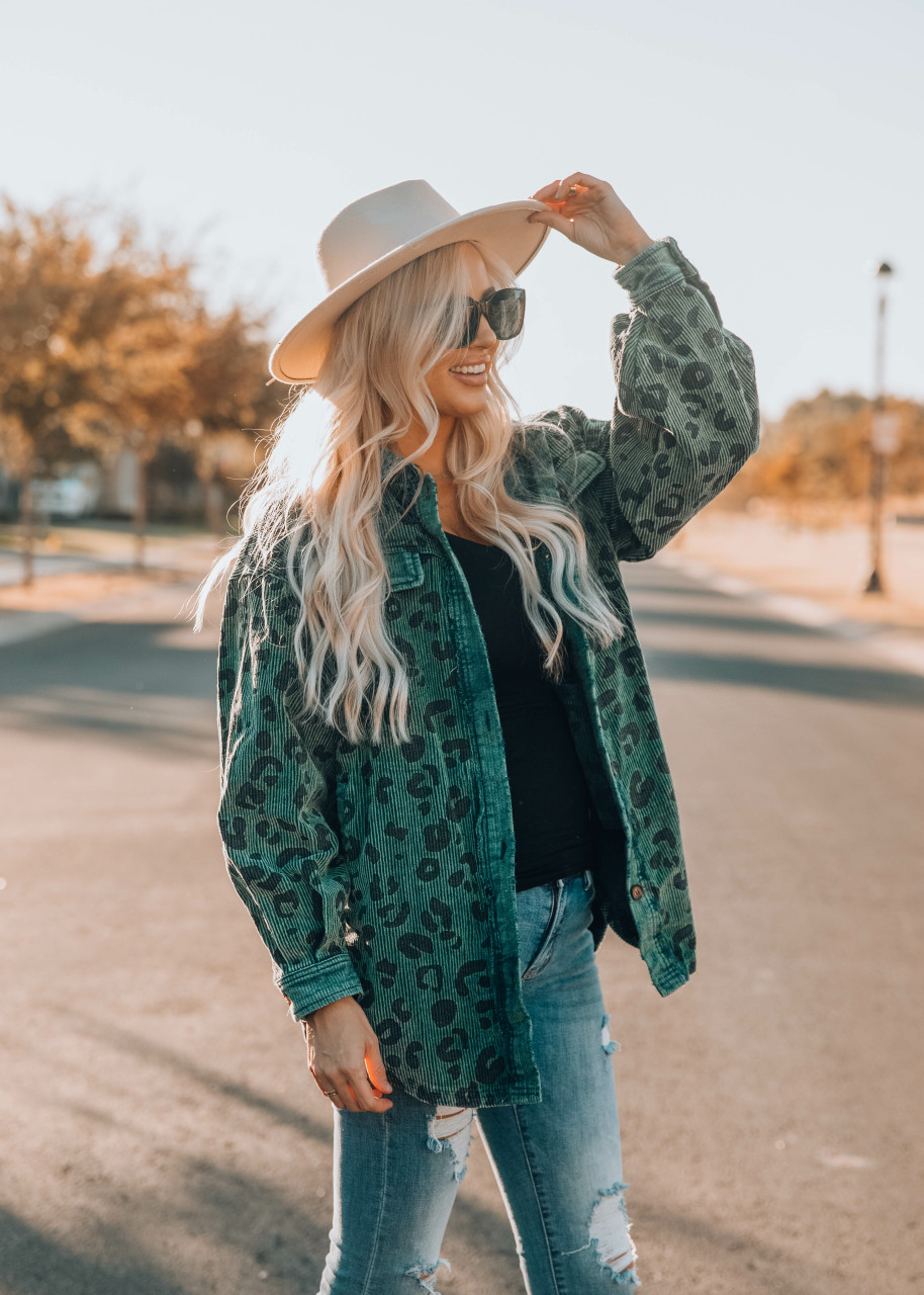 Leopard Corduroy Oversized Button Up Shacket Vintage Teal