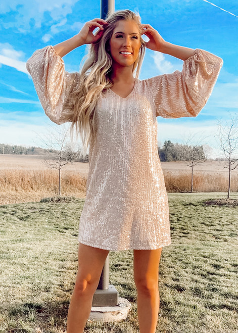 Hello Gorgeous Bubble Sleeve Fully Lined Sequins Dress Gold