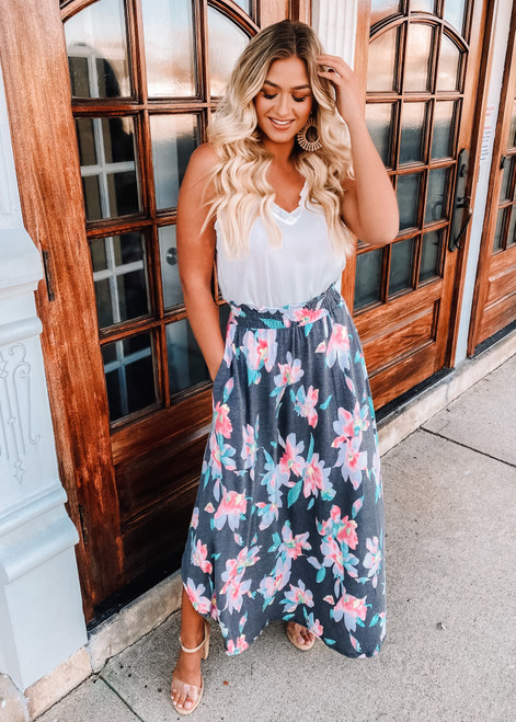 Keep You In Check Floral Maxi Skirt Navy/Turquoise
