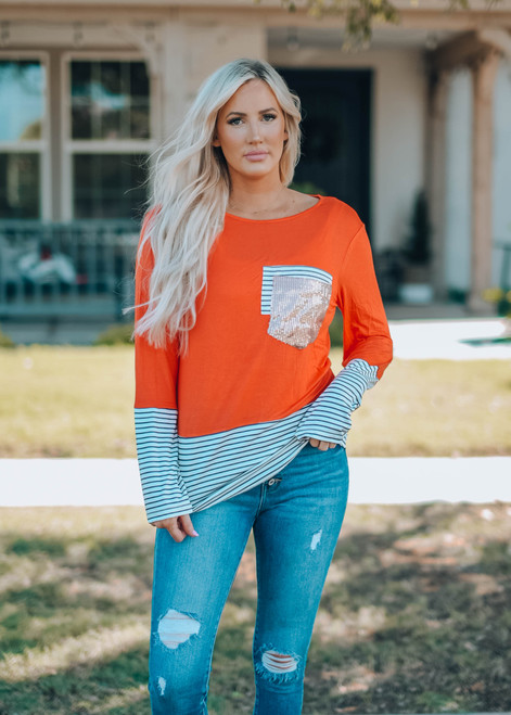Ace Of Spades Striped Sequins Top Pumpkin Spice CLEARANCE