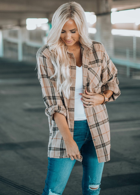 Effortless Vibes Classic Plaid Oversized Top Tan