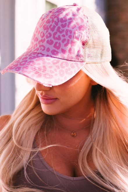Premium Distressed Leopard Mesh Hat Pink