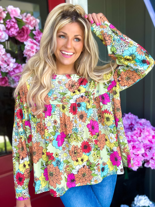 Floral Print Crinkle Jersey Knit Tiered Top Multi