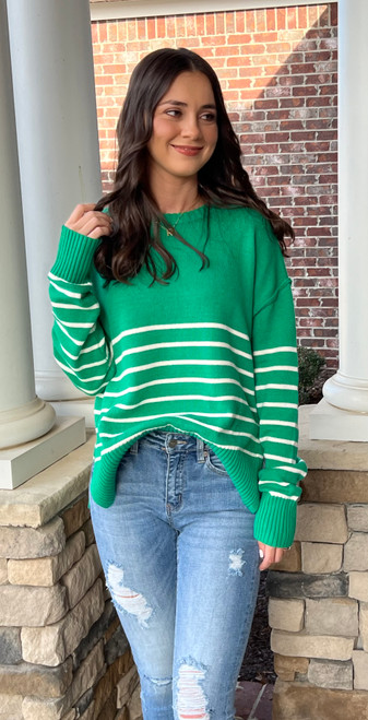 Drop Shoulder Knit Stripped Sweater Green/Ivory