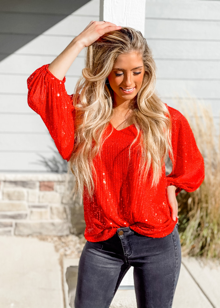 Time To Shine Balloon Sleeve Sequins Top Red
