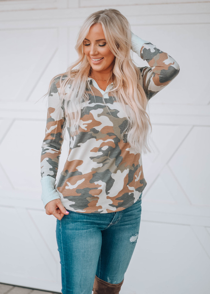 Camo Mint Contrast V-Neck Top Brown CLEARANCE