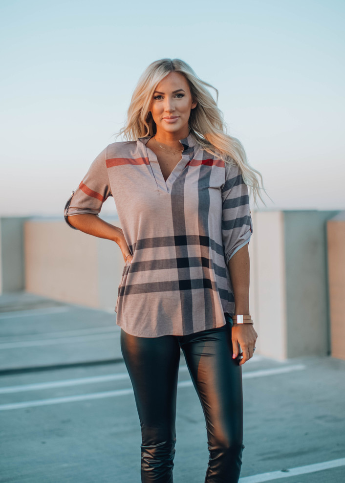 Roll Up Button Sleeve Plaid Top Mocha