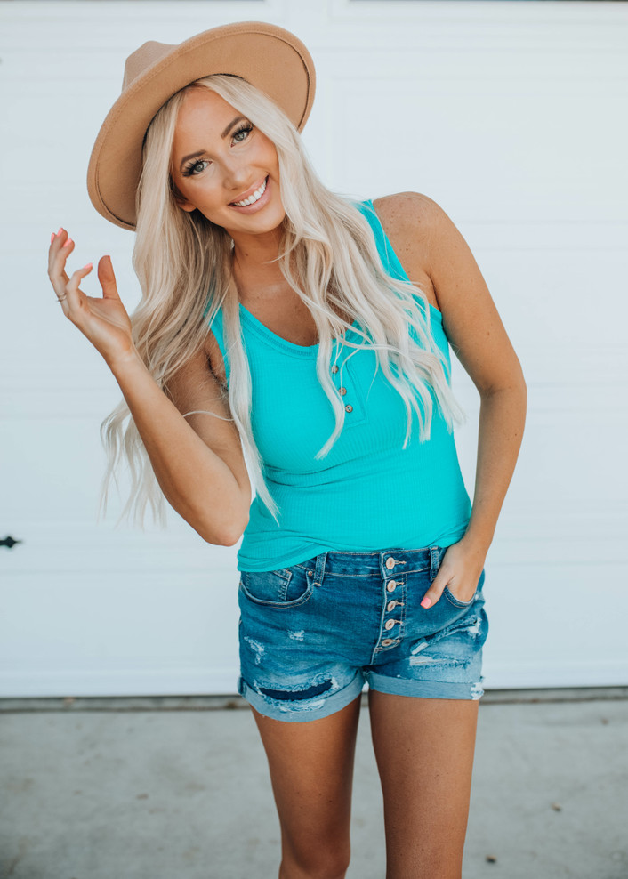 Effortless Ribbed Cotton Button Henley Tank Top Turquoise