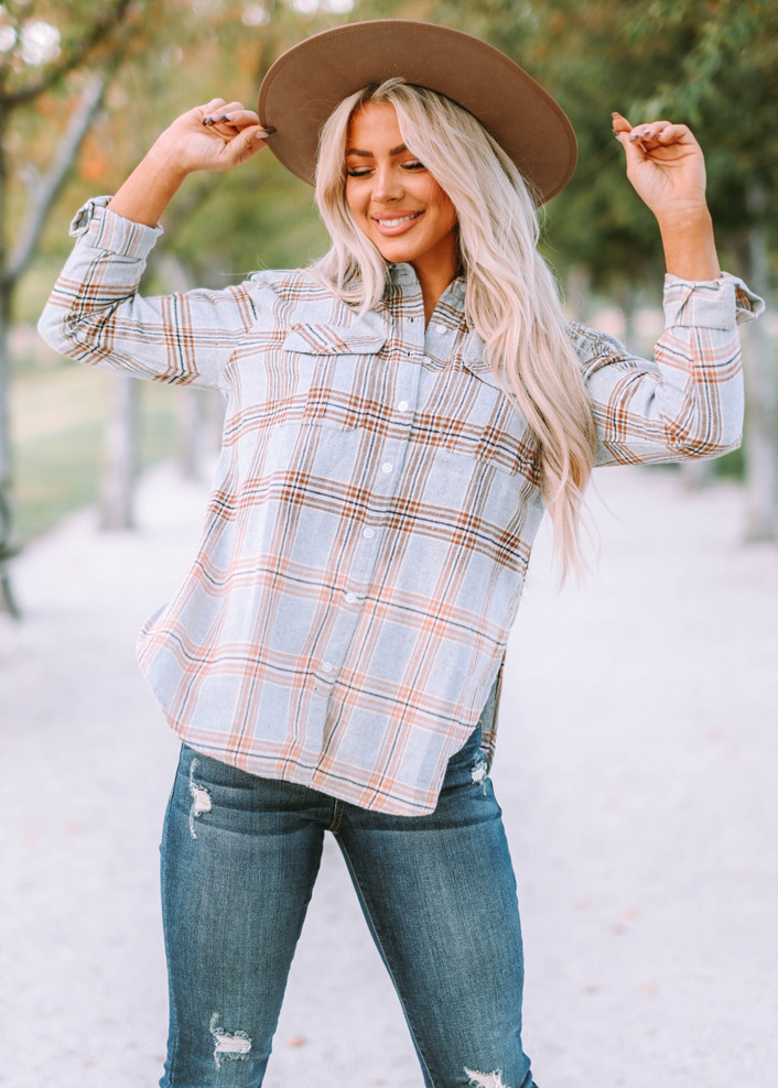 Grey, Camel & White Plaid Flannel with Bleached Dipped Contrast Top