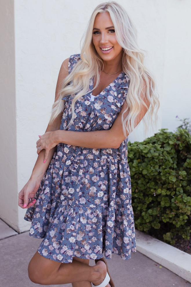 Cute and Flowy Floral Tiered Ruffle Dress Blue