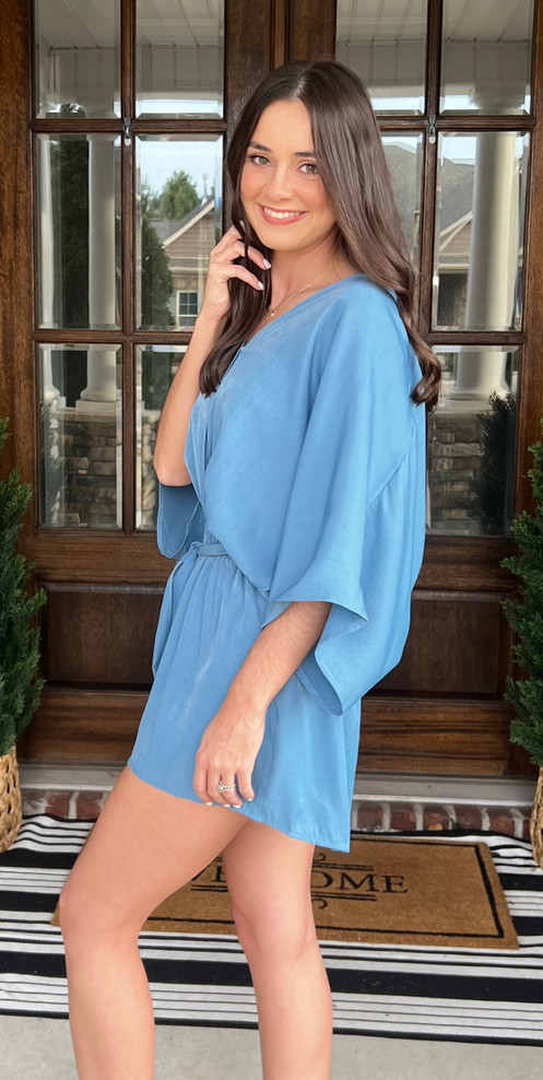 Kimono Sleeved Romper with Tie Waste Misty Blue