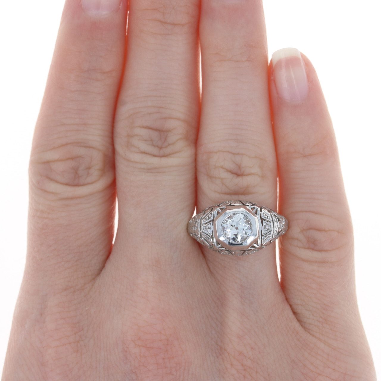 Art Deco Old Mine Cut Diamond Platinum Engagement Ring