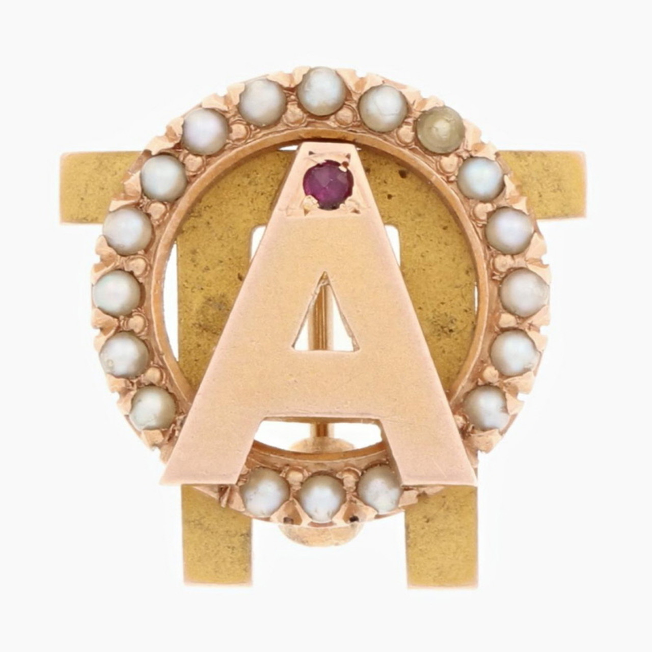 Alpha Omicron Pi Badge - 14k Gold Pearls Ruby Vintage Sorority