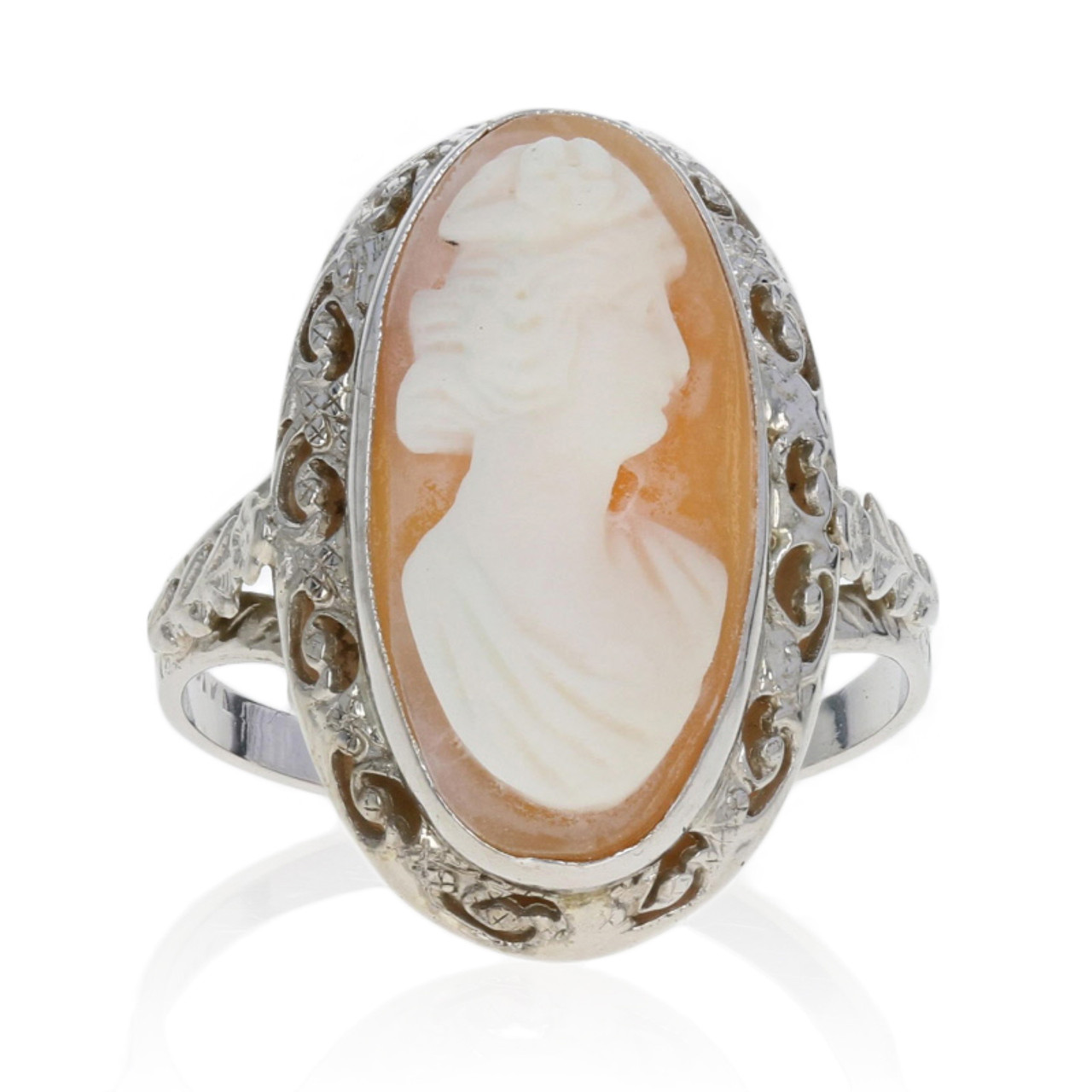 White Gold Carved Shell Art Deco Cameo Ring - 14k Vintage Silhouette