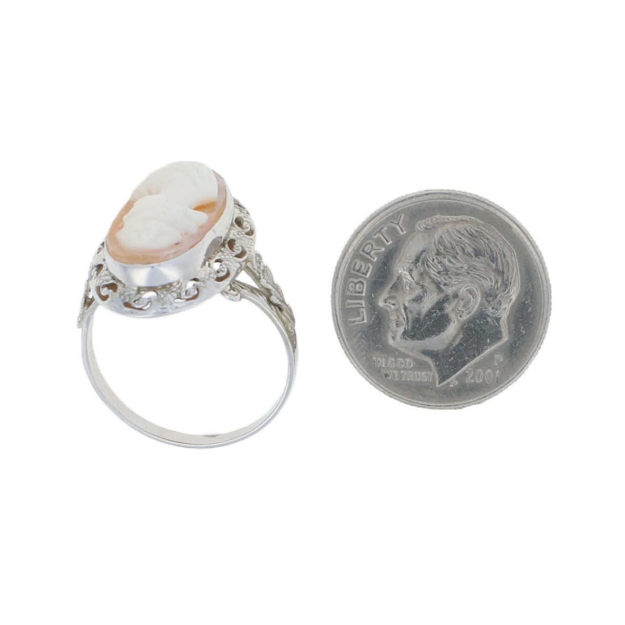 White Gold Carved Shell Art Deco Cameo Ring - 14k Vintage Silhouette