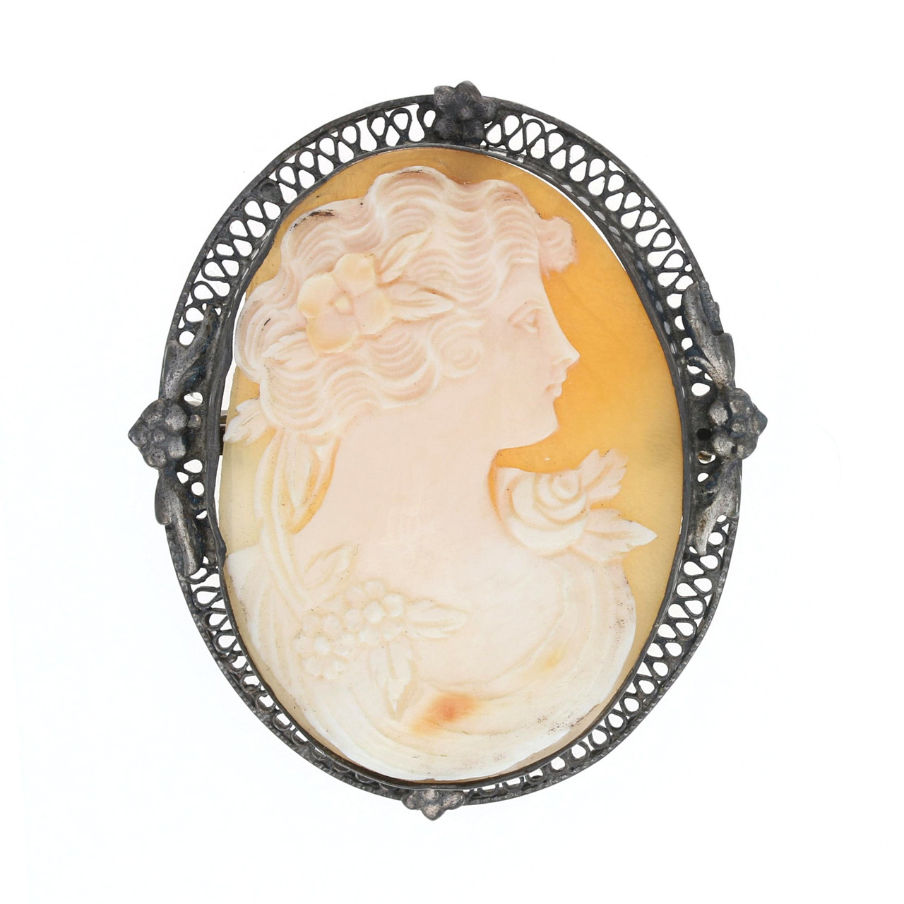 Sterling Silver Carved Shell Cameo Vintage Brooch - 925 Silhouette Pin