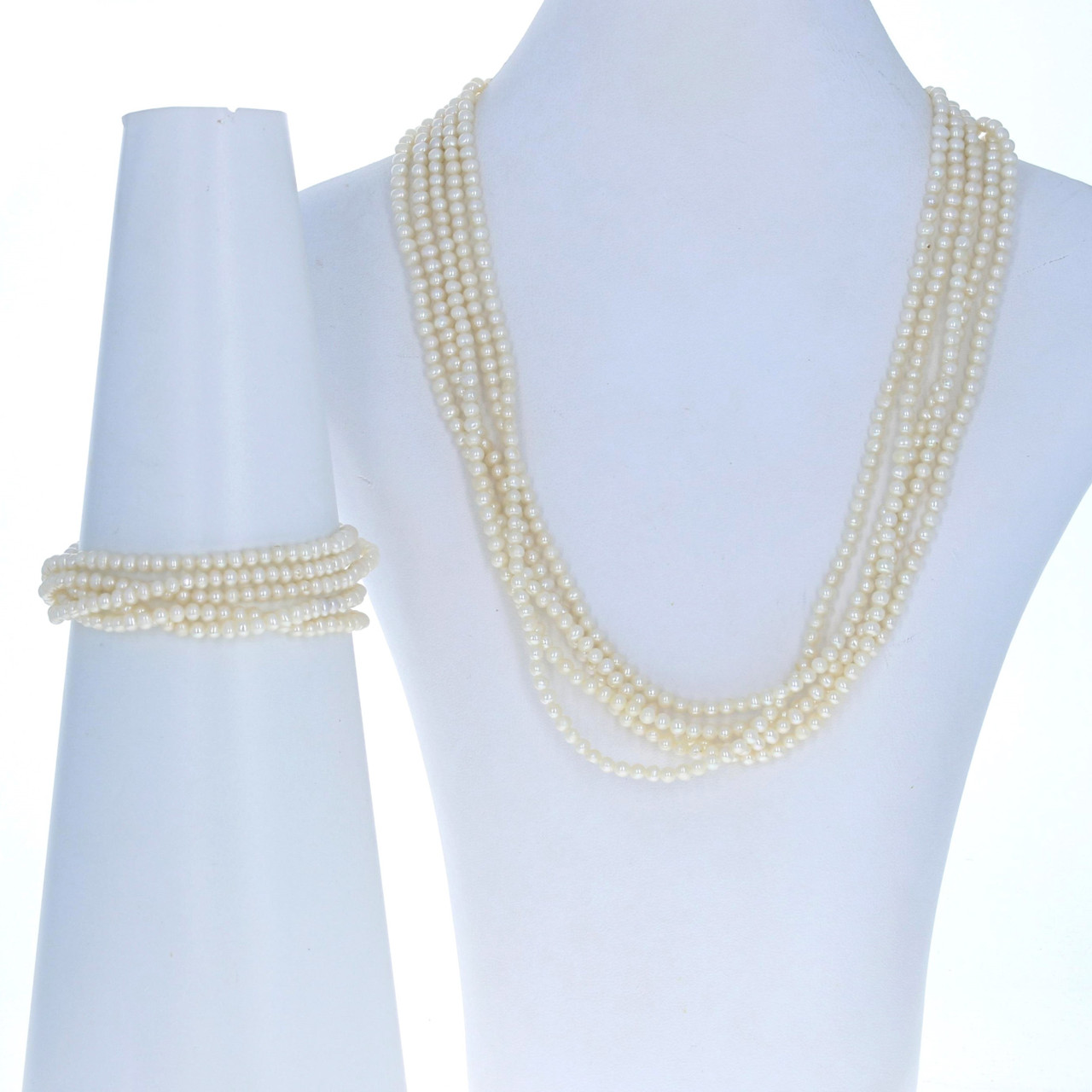 Set of Necklace and Bracelet Vintage Freshwater Pearls 14K Clasp 3 Multi  Strand