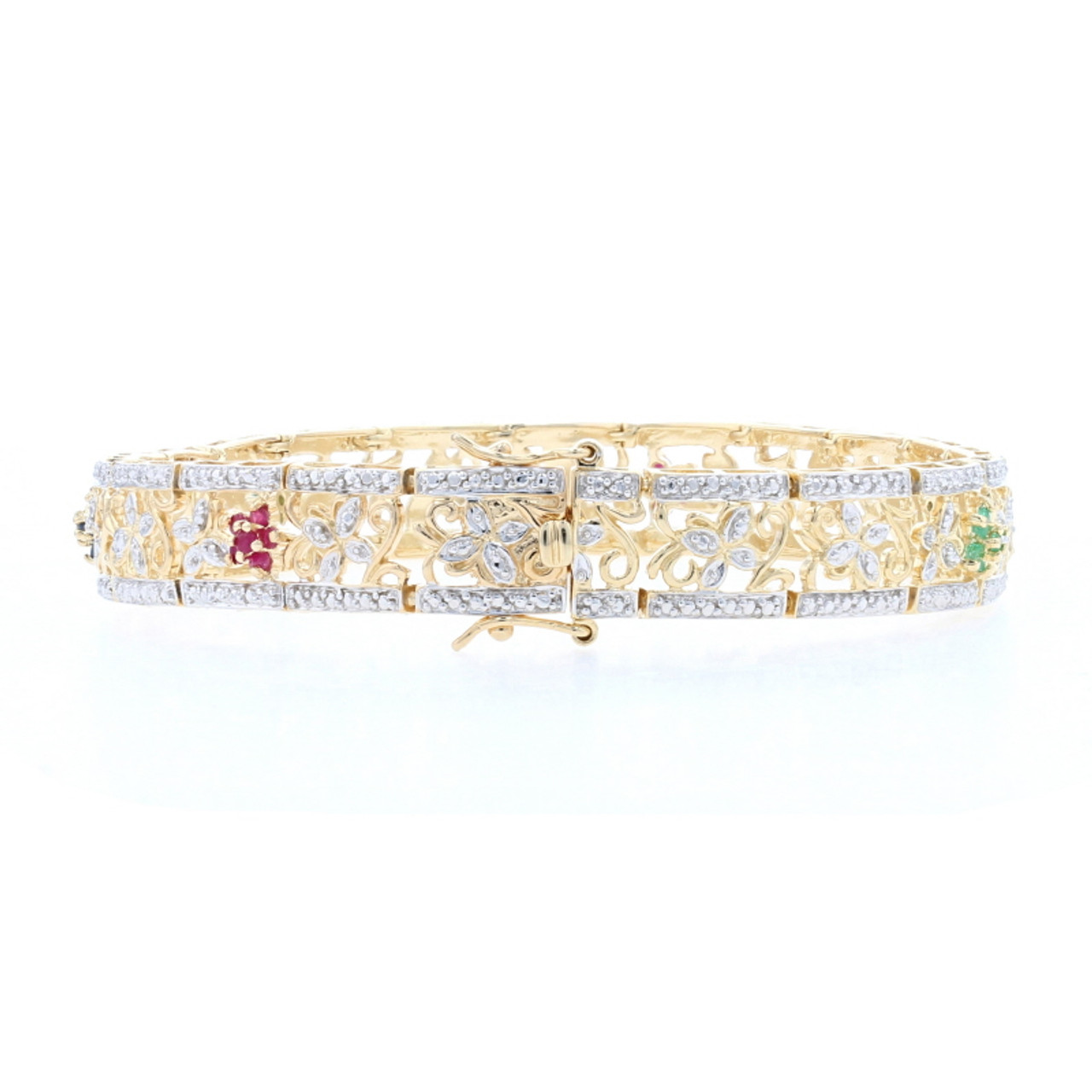 14k Gold 0.25 Carat Diamond clover bracelet with Emerald, Ruby and Sapphire