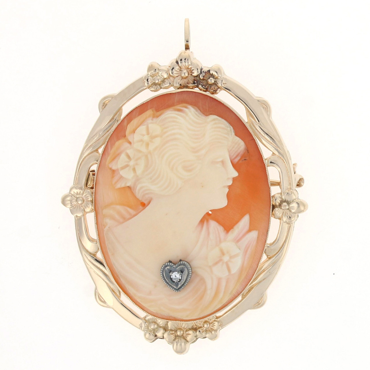 Yellow Gold Carved Shell Cameo Diamond Vintage En Habille Brooch/Pendant  10k Pin