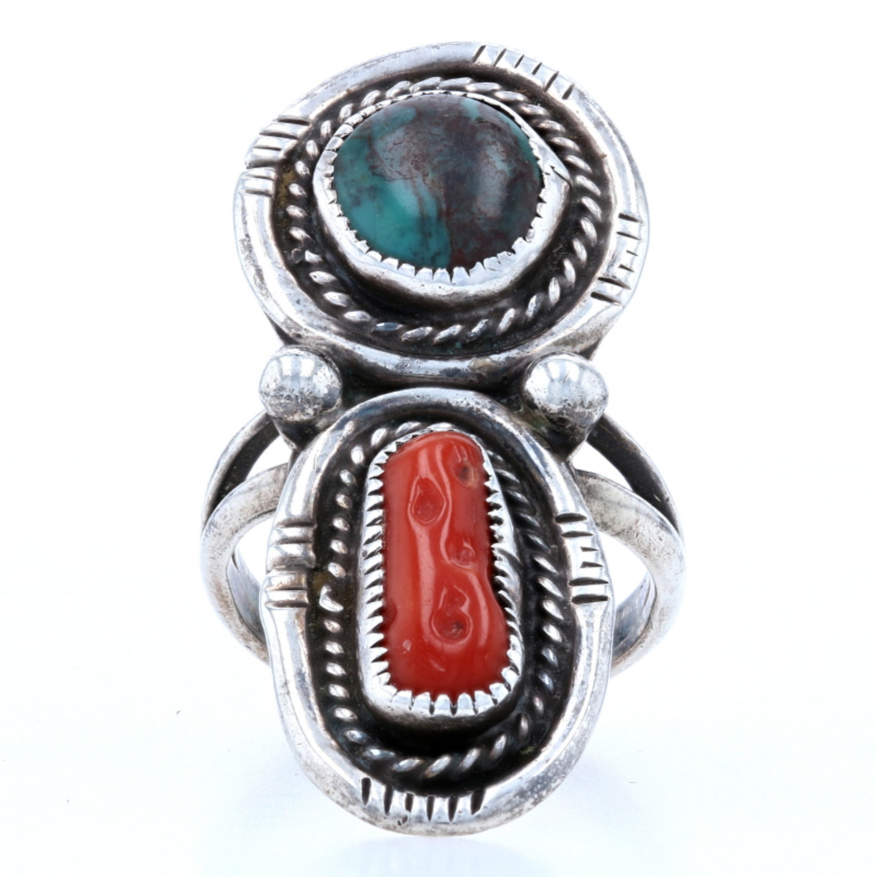 Native American Sterling Silver Turquoise & Coral Two-Stone Ring