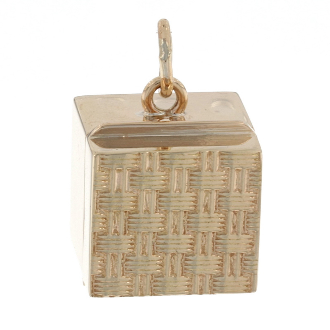 Yellow Gold Box Charm - 14k Woven Texture Pendant Opens - Wilson