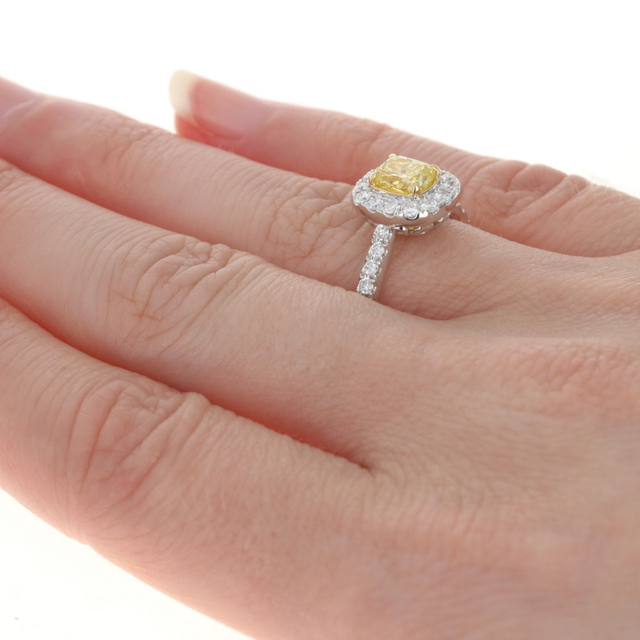 White Gold Fancy Intense Yellow Diamond Halo Ring - 18k Cushion