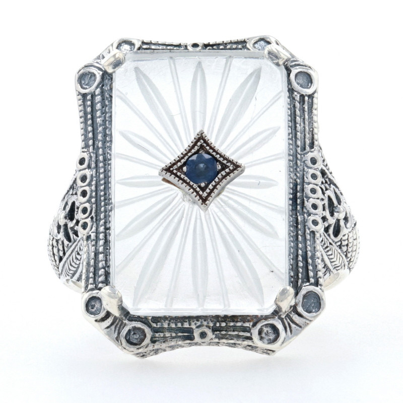 Sterling Silver Sapphire & Camphor Glass Ring - 925 Filigree