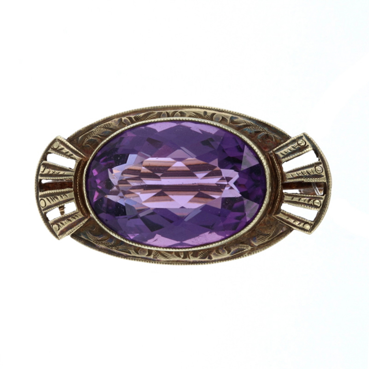 Yellow Gold Amethyst Art Deco Solitaire Brooch - 14k Oval Cut 8.76