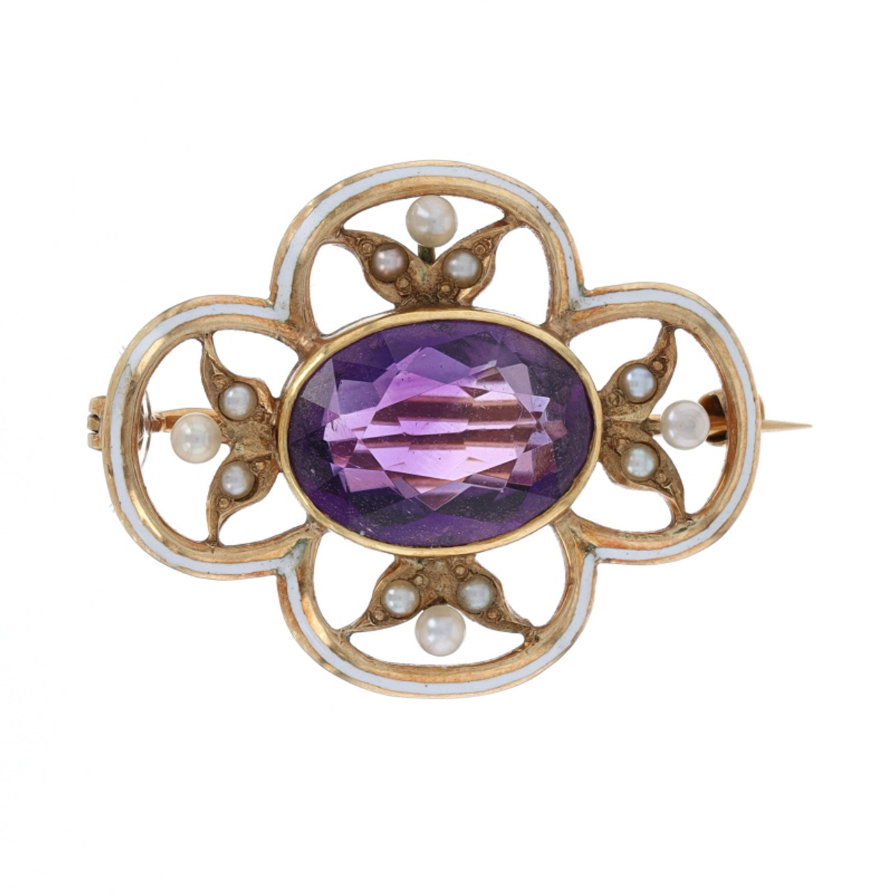 Wilson Brothers Jewelry Yellow Gold Amethyst & Pearl Edwardian Flower Brooch 14K Oval 4.00ct Vintage Pin