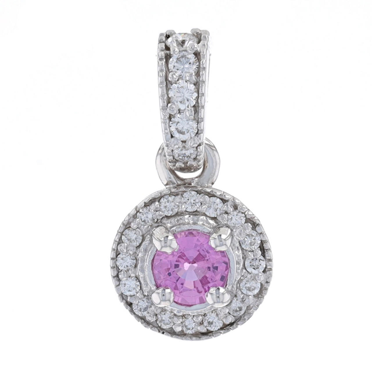 Pink Sapphire w/ Diamond Halo Pendant Necklace 14K White Gold