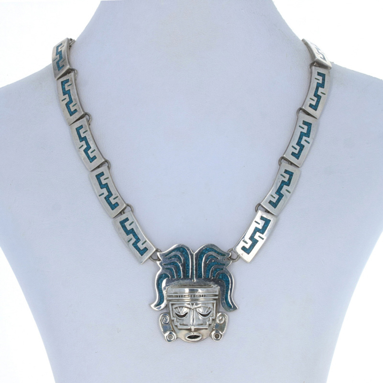 Sterling Silver Turquoise Vintage Mask Necklace 15 1/4