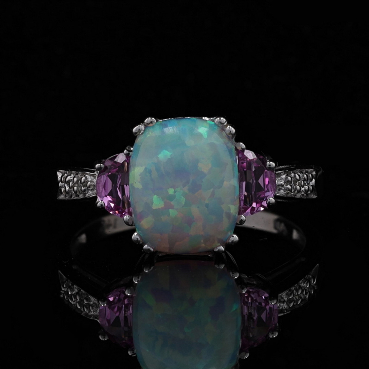 White Gold Synthetic Opal Synthetic Pink Sapphire Diamond Ring